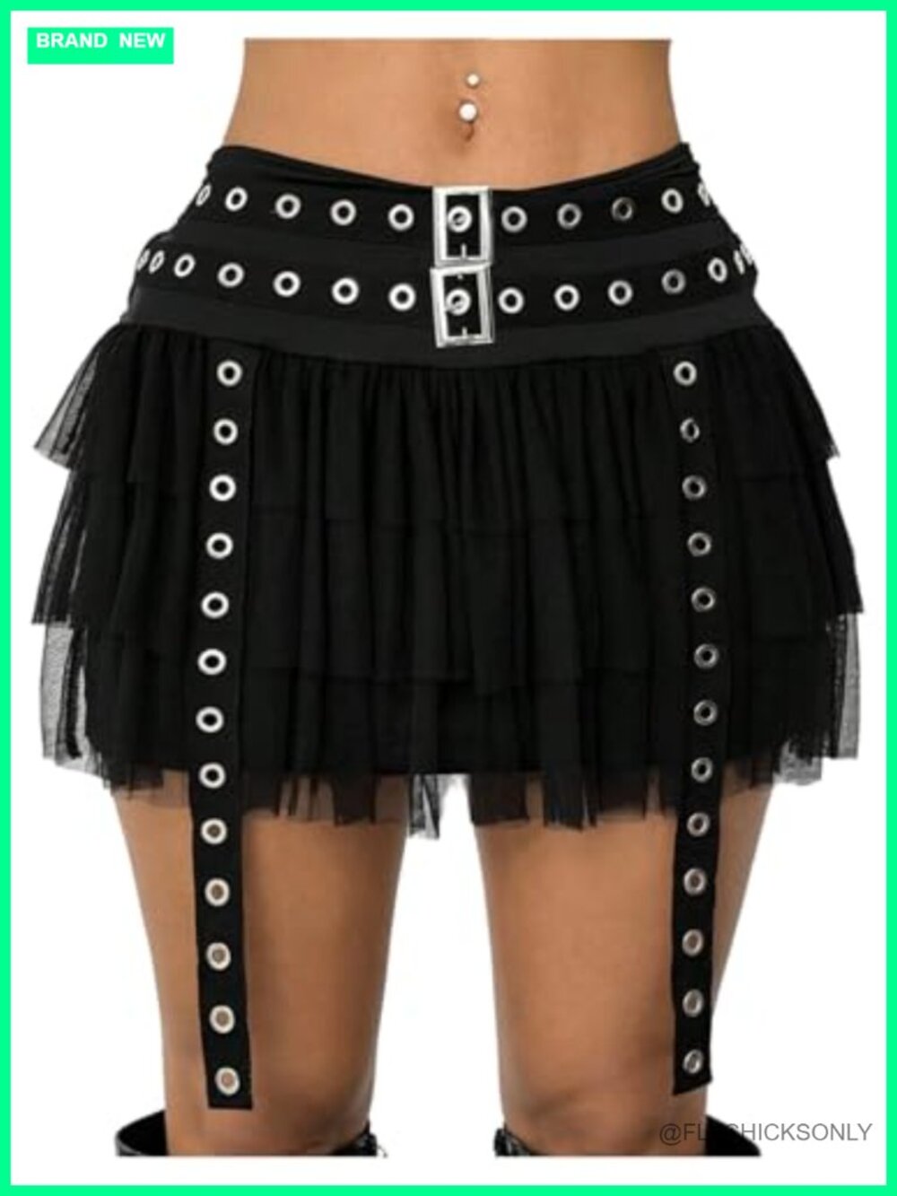 Gothic Punk Mesh Buckle Belted Tulle Mini Skirt